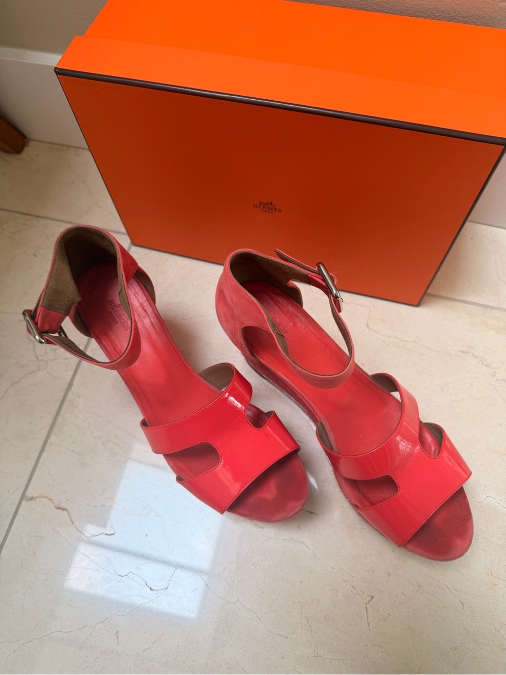 Hermes Red Wedge Espadrille Sandals - Picture 2 of 3